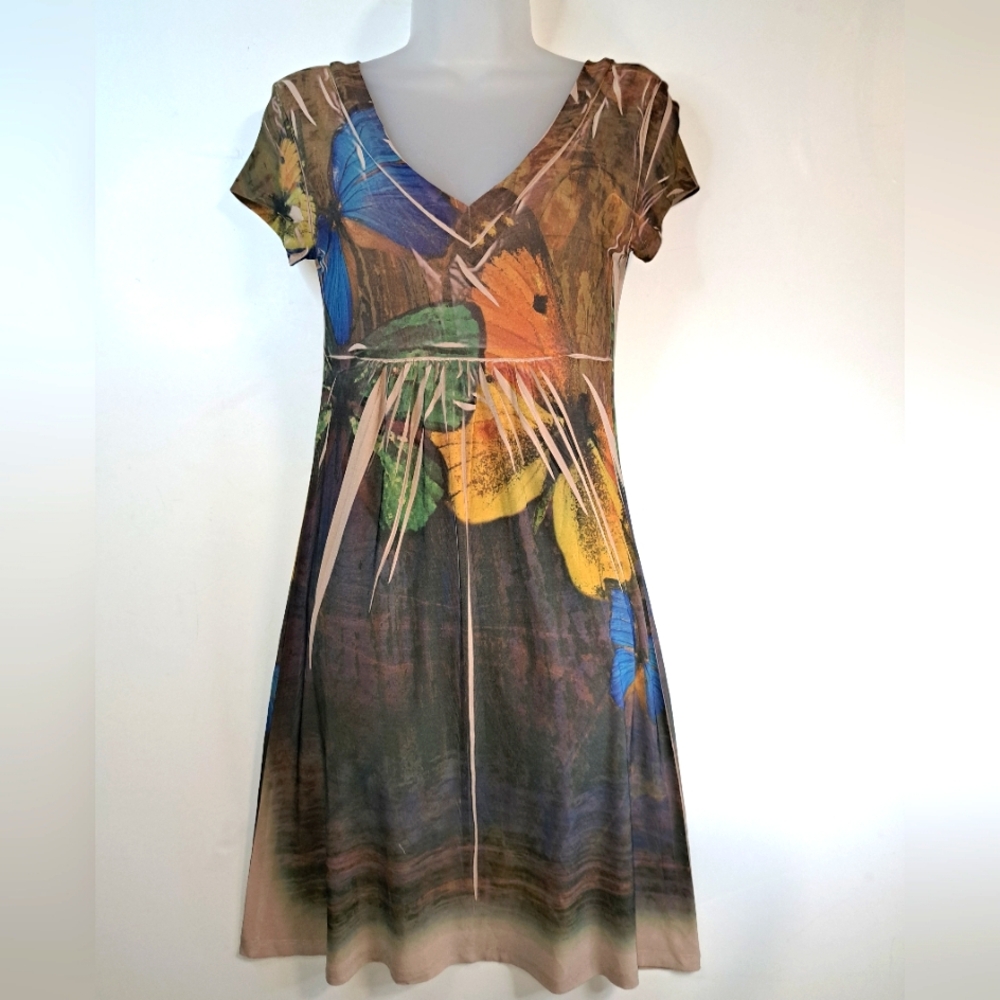NWT FAVE Brown Blue Multicolor V Neck Empire Waist Small Stretch Butterfly Print